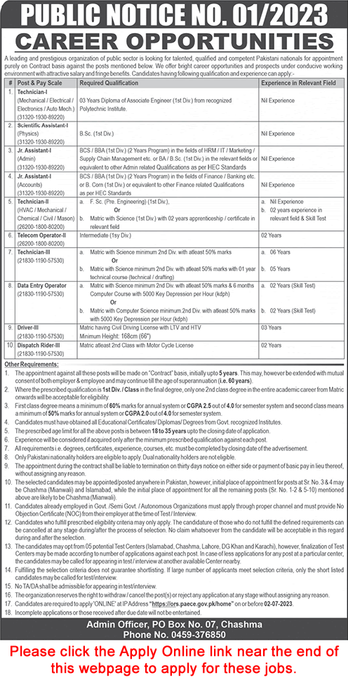 PO Box 7 Chashma Jobs 2023 June Apply Online PAEC Technicians, Assistant & Others Latest