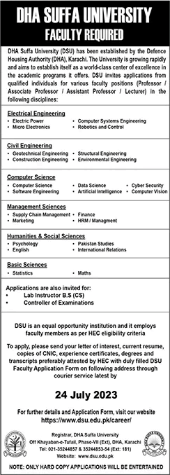 DHA Suffa University Karachi Jobs July 2023 Teaching Faculty & Others Latest