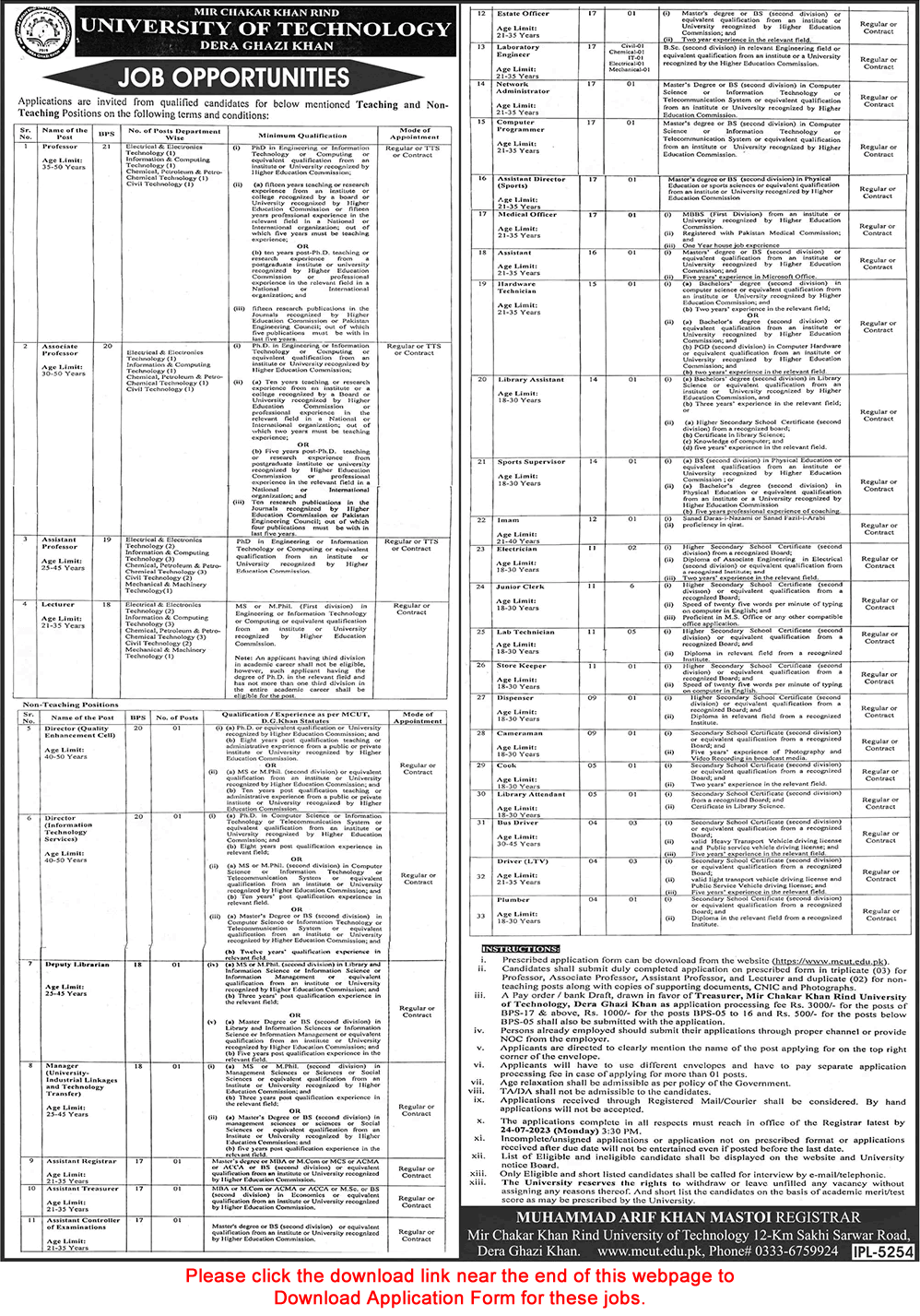 Mir Chakar Khan Rind University of Technology Dera Ghazi Khan Jobs 2023 July Download Application Form Latest