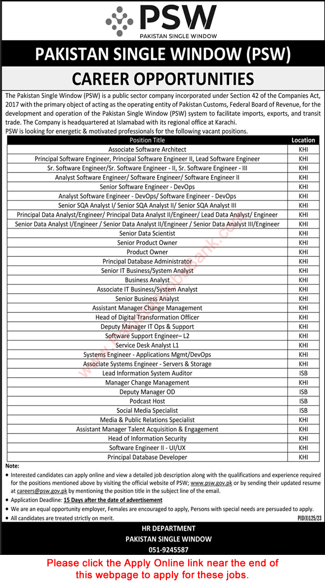 Pakistan Single Window Jobs July 2023 PSW Apply Online Software Engineers, Data Analysts & Others Latest