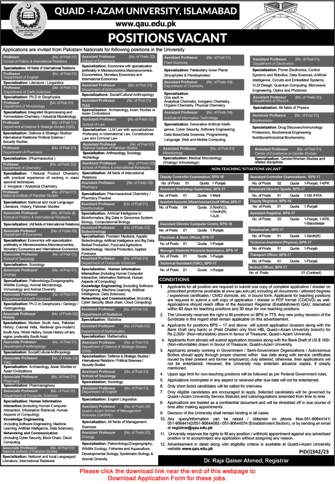 Quaid e Azam University Islamabad Jobs July 2023 Application Form Teaching Faculty & Others Latest
