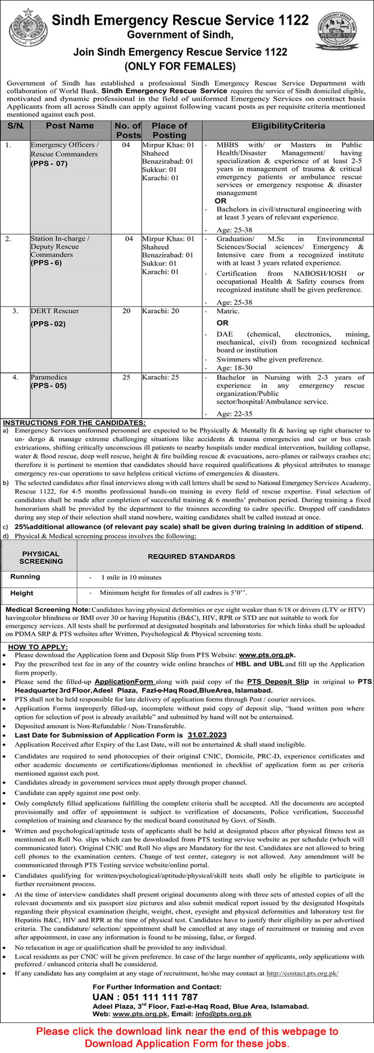 Sindh Emergency Rescue Service 1122 Jobs July 2023 PTS Application Form Join as Paramedics, DERT Rescuers & Others Latest
