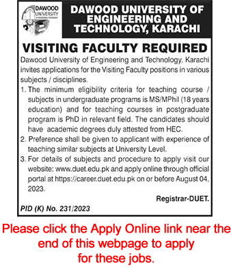 Visiting Faculty Jobs in Dawood University of Engineering and Technology Karachi July 2023 DUET Apply Online Latest