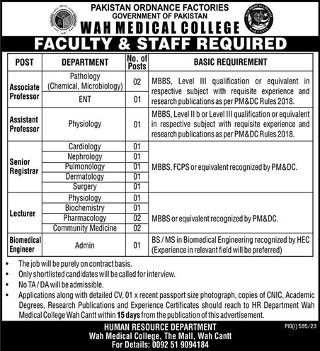 Wah Medical College Jobs 2023 July / August Teaching Faculty & Biomedical Engineer Latest