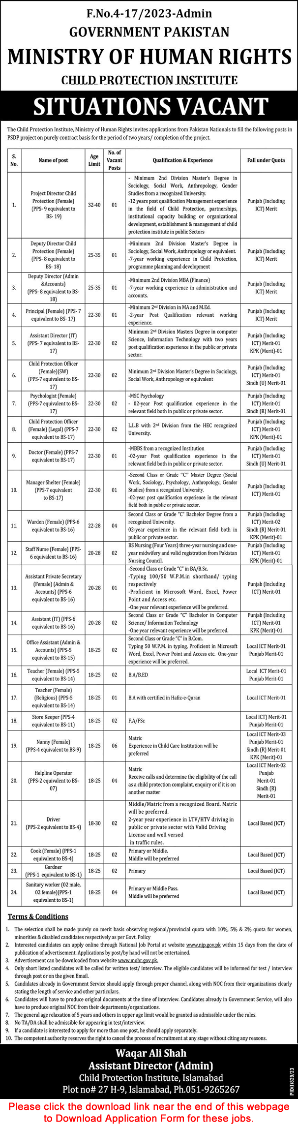 Ministry of Human Rights Jobs 2023 August Application Form Child Protection Institute Latest