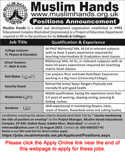 Muslim Hands Educational Complex Wazirabad Jobs 2023 August Apply Online Lecturers, Teachers & Others Latest