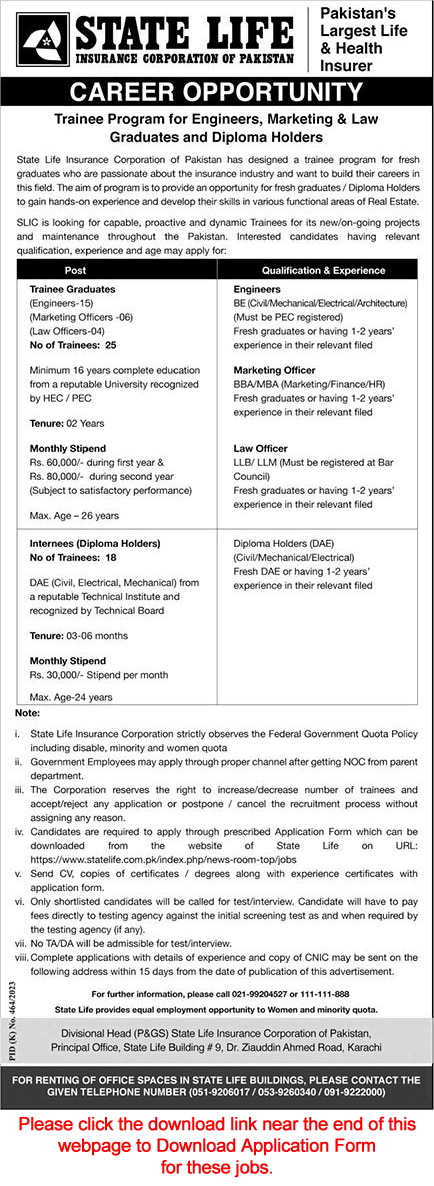 State Life Insurance Corporation Trainee Program 2023 August SLIC Application Form Trainee Graduates & Internees Latest