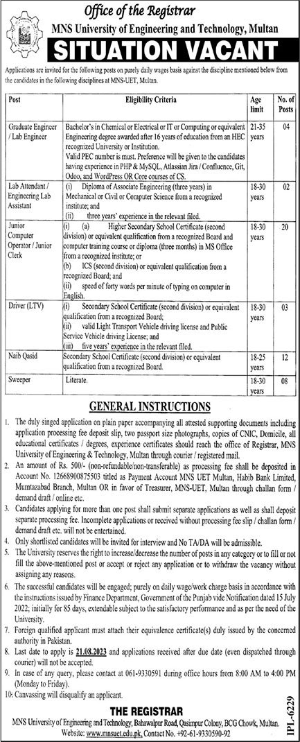 MNS UET Multan Jobs August 2023 Computer Operators, Clerks & Others Latest