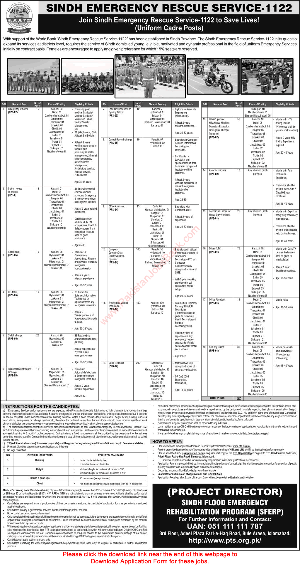 Sindh Emergency Service Rescue 1122 Jobs 2023 August PTS Application Form DERT Rescuers & Others Latest