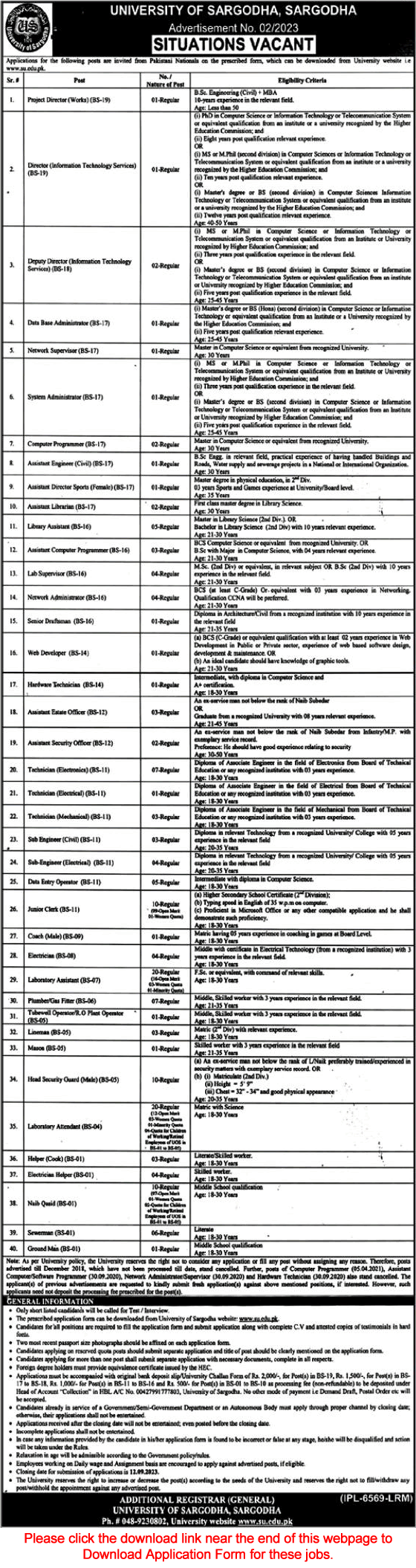 University of Sargodha Jobs August 2023 Application Form Lab Assistants / Attendants & Others Latest