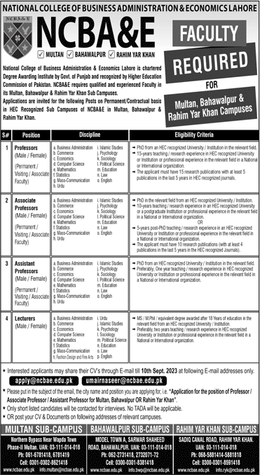 Teaching Faculty Jobs in NCBA&E August 2023 Latest