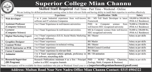 Superior College Mian Channu Jobs 2023 August Teaching Faculty & Others Latest