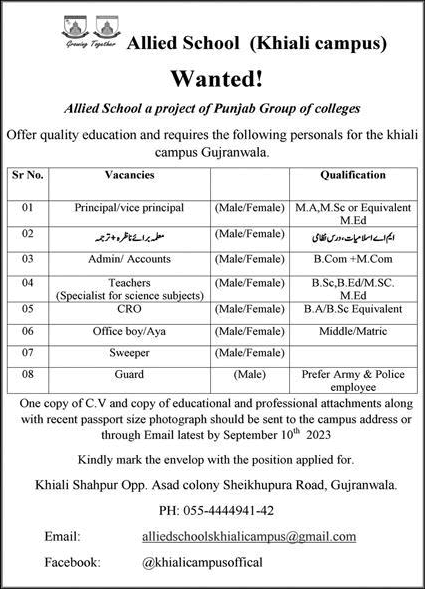 Allied School Khiali Campus Gujranwala Jobs 2023 September Teachers & Others Latest