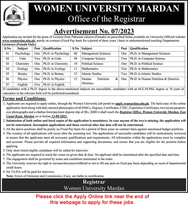 Lecturer Jobs in Women University Mardan September 2023 Apply Online Latest