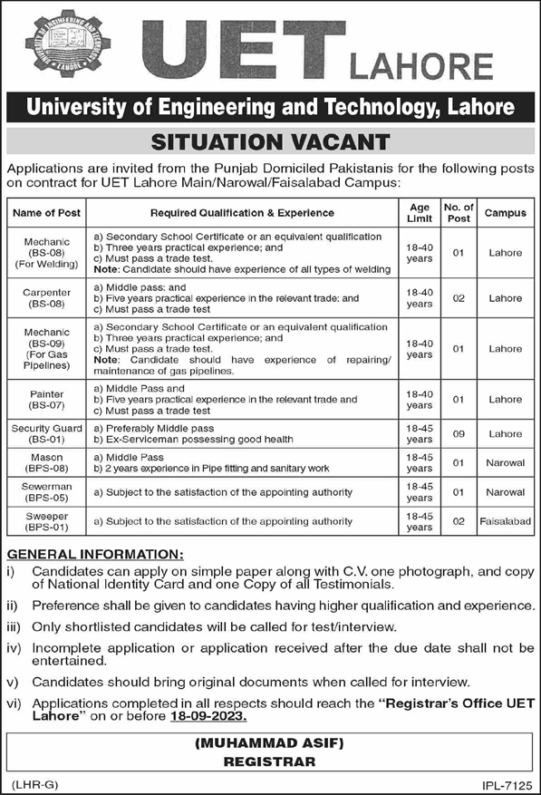 UET Jobs September 2023 University of Engineering and Technology Security Guards & Others Latest