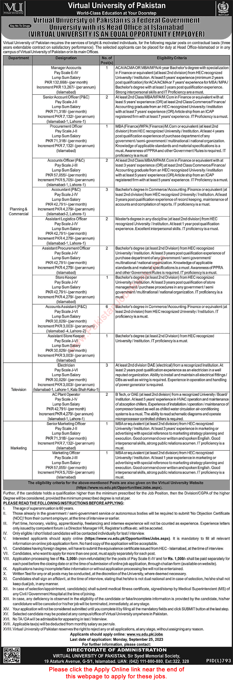 Virtual University Jobs September 2023 VU Online Apply Accounts Assistants, Officers & Others Latest