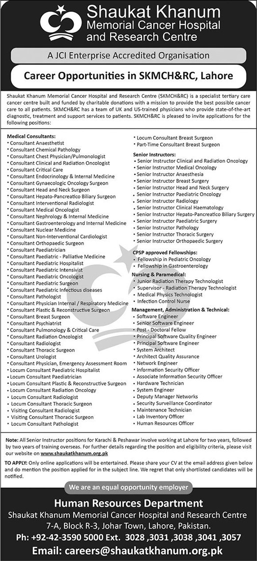 Shaukat Khanum Hospital Lahore Jobs September 2023 SKMCH Medical Consultants & Others Latest
