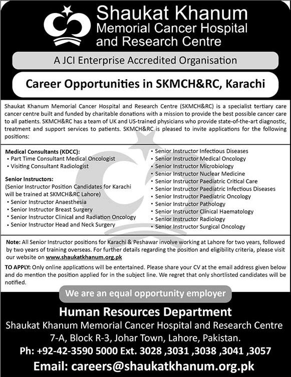 Shaukat Khanum Hospital Karachi Jobs September 2023 SKMCH Senior Instructors & Others Latest