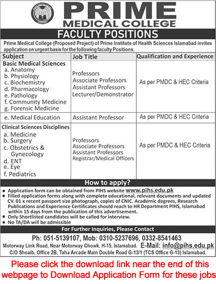 Teaching Faculty Jobs in Prime Medical College Islamabad September 2023 Application Form Latest