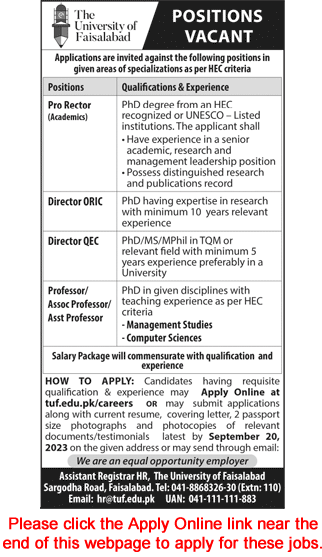 The University of Faisalabad Jobs 2023 September Apply Online Teaching Faculty & Others Latest