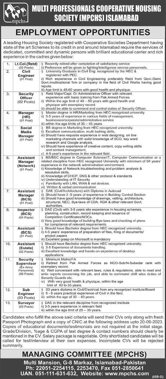 Multi Professional Cooperative Housing Society Islamabad Jobs 2023 September Security Supervisors & Others MPCHS Latest
