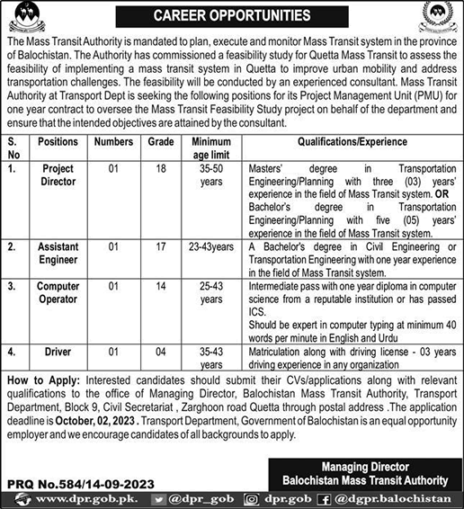 Mass Transit Authority Balochistan Jobs 2023 September Computer Operators & Others Latest