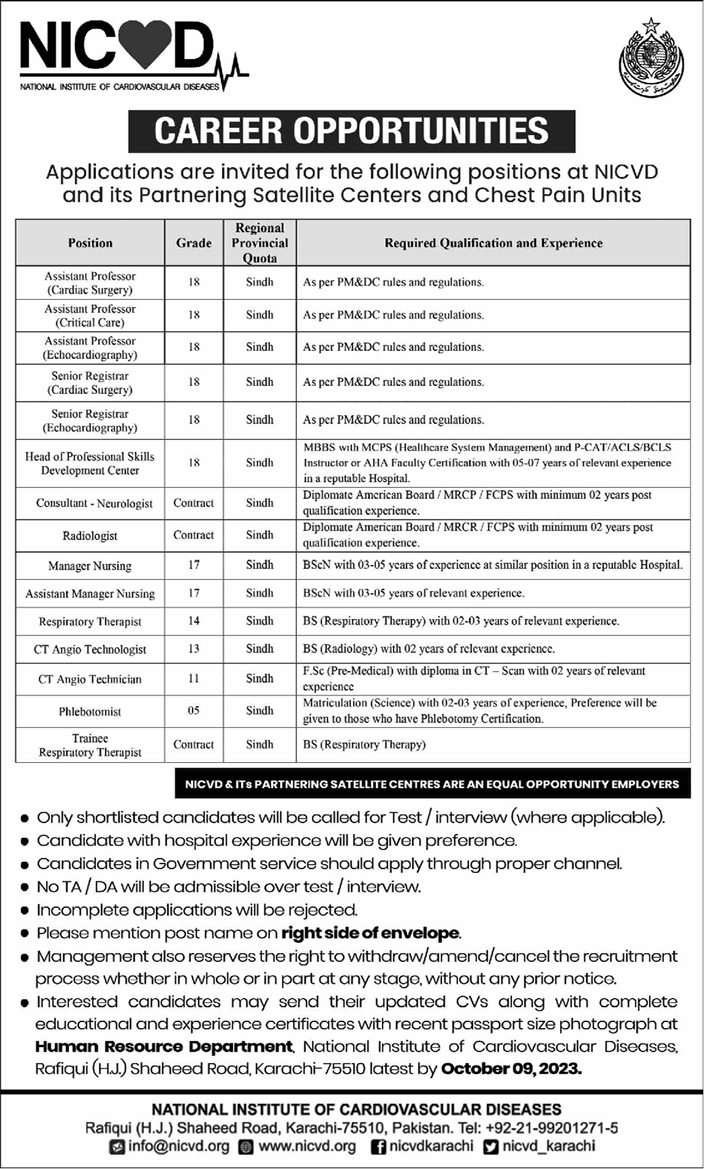 NICVD Jobs September 2023 National Institute of Cardiovascular Diseases Latest