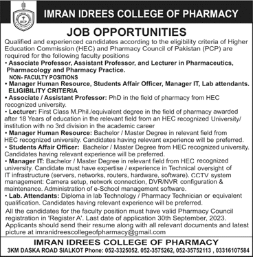 Imran Idrees College of Pharmacy Sialkot Jobs 2023 September Teaching Faculty & Others Latest