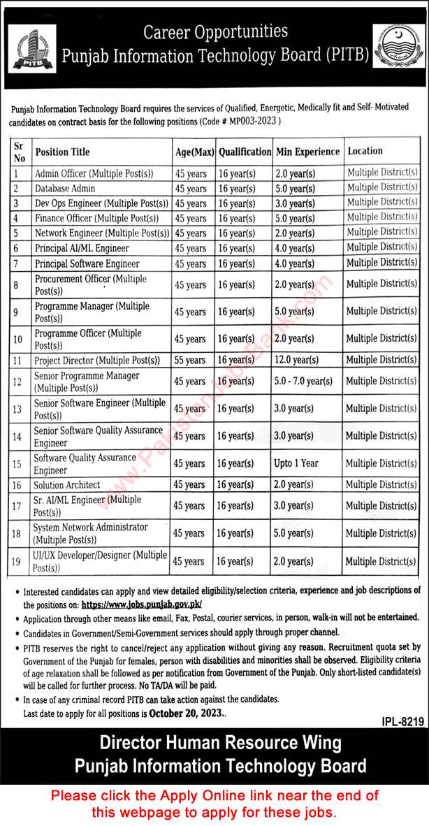 PITB Jobs October 2023 Online Apply Punjab Information Technology Board Latest