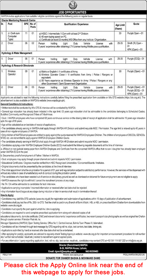 WAPDA Lahore Jobs October 2023 OTS Application Form Drivers & Others Latest