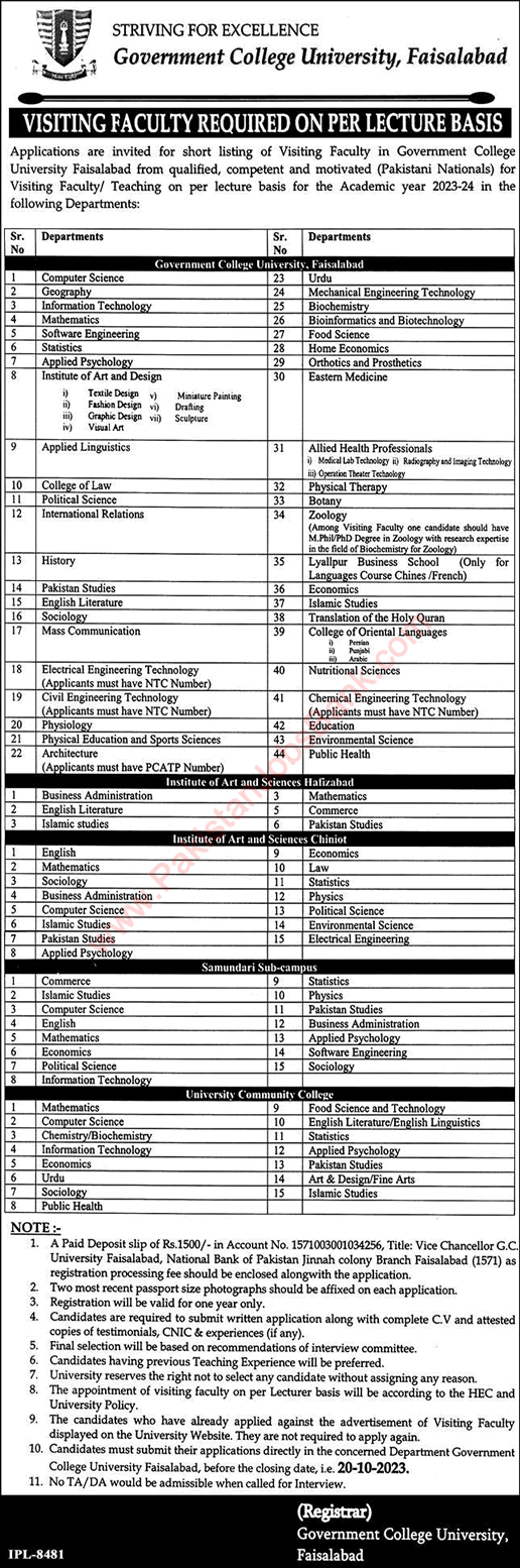 Visiting Faculty Jobs in GC University Faisalabad October 2023 GCUF Government College University Latest