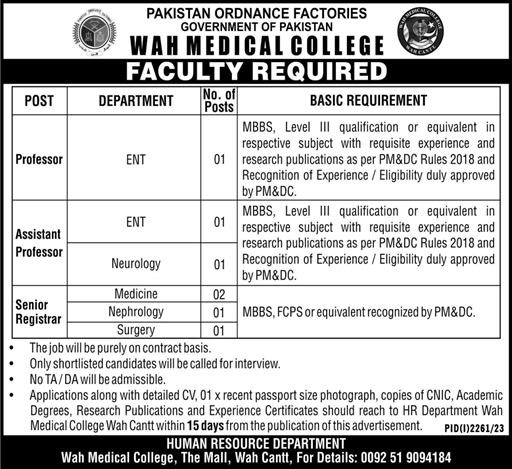 Wah Medical College Jobs 2023 October Teaching Faculty POF Latest