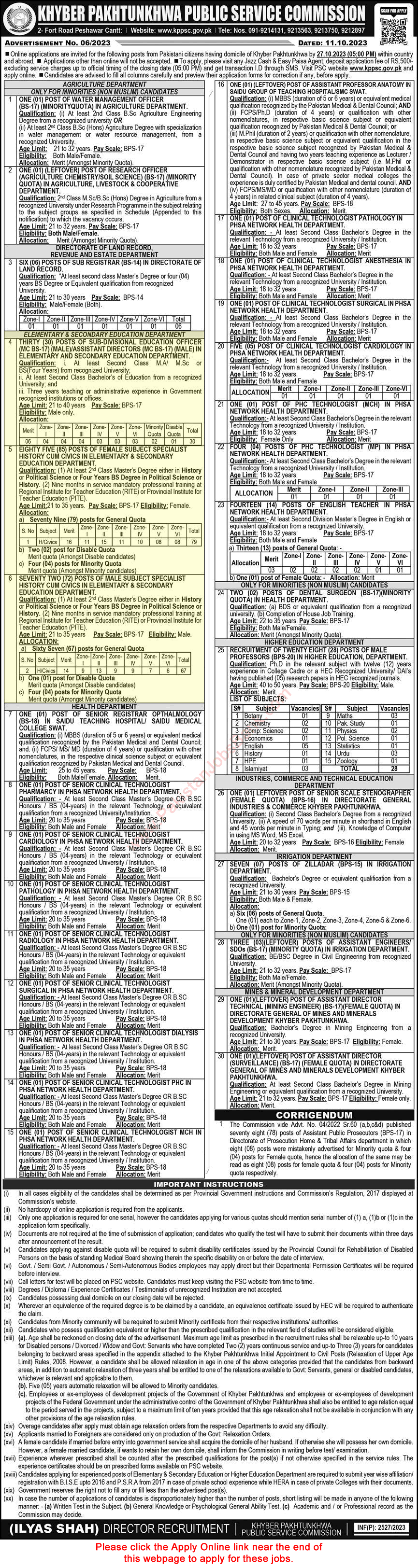 Elementary and Secondary Education Department KPK Jobs October 2023 KPPSC Apply Online Latest