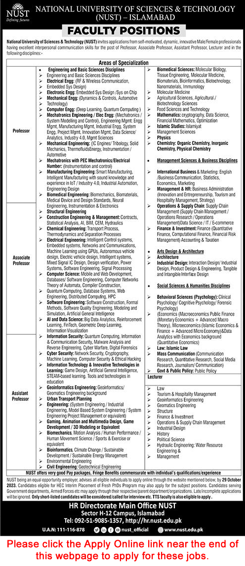 NUST University Islamabad Jobs October 2023 Apply Online Teaching Faculty Latest