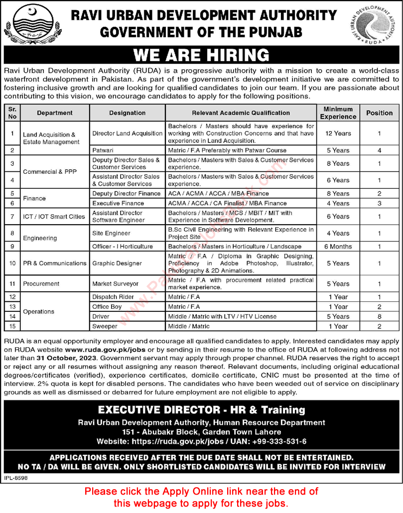 Ravi Urban Development Authority Jobs October 2023 RUDA Online Apply Drivers & Others Latest