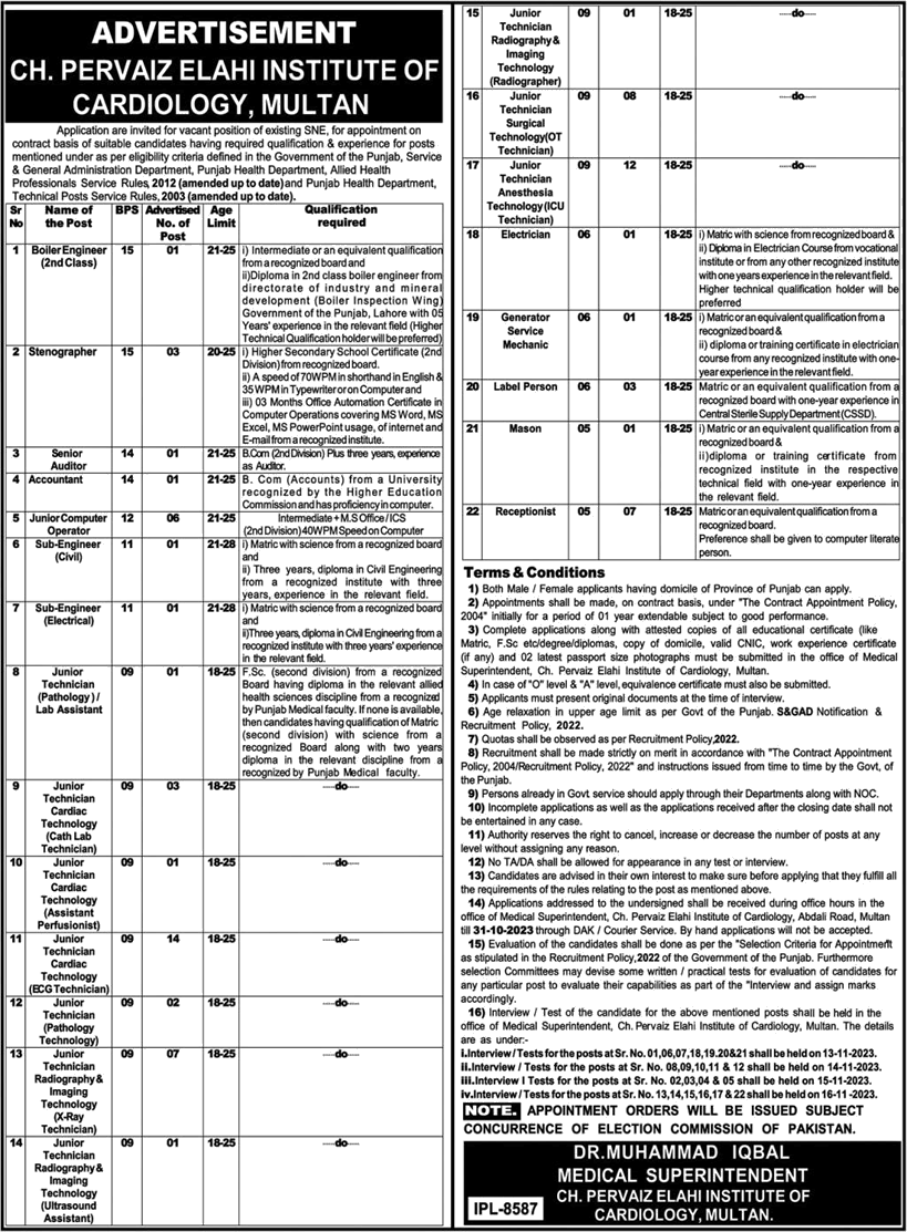 Chaudhry Pervaiz Elahi Institute of Cardiology Multan Jobs October 2023 Medical Technicians & Others Latest