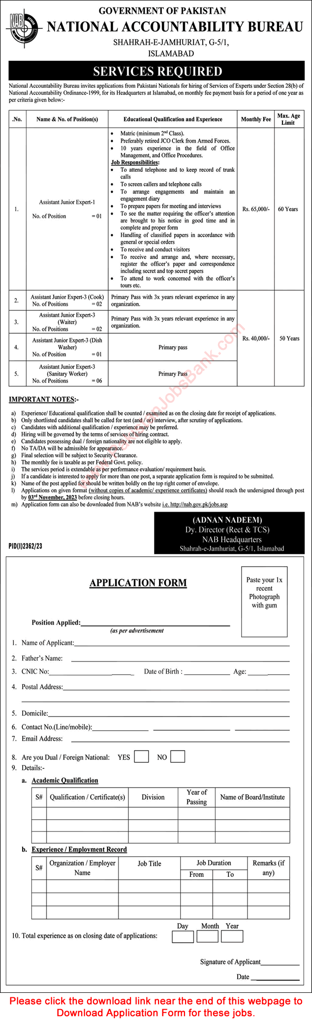 Assistant Junior Expert Jobs in NAB Islamabad October 2023 Application Form National Accountability Bureau Latest