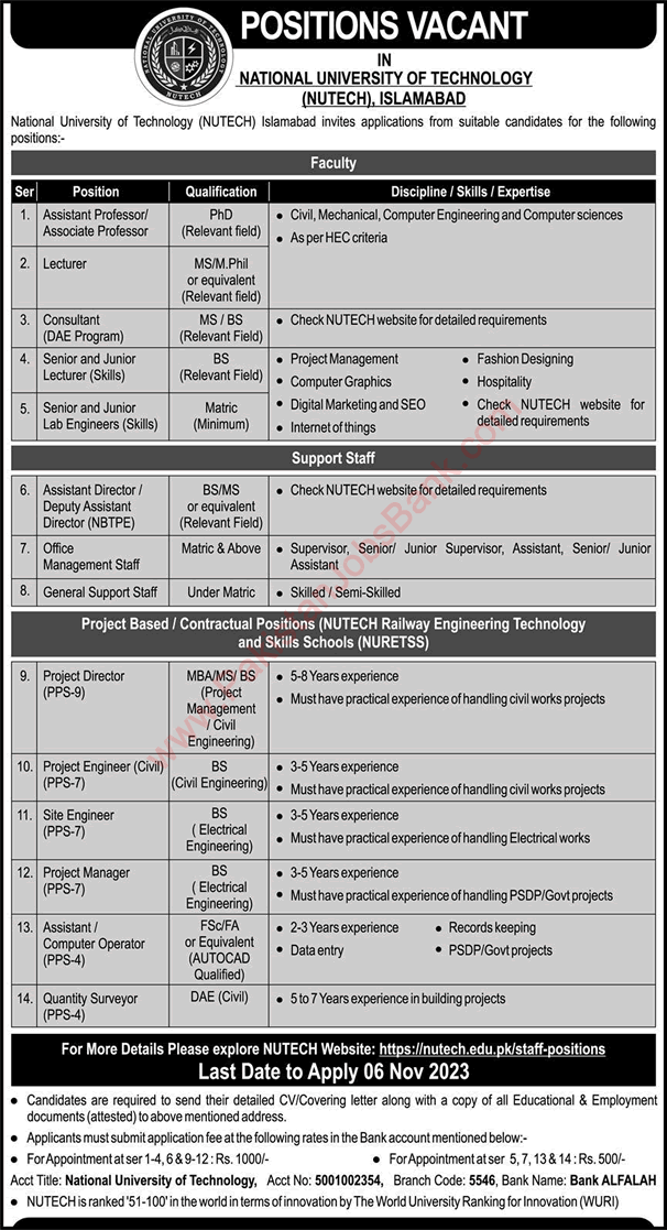 NUTECH University Islamabad Jobs October 2023 Teaching Faculty & Others Latest