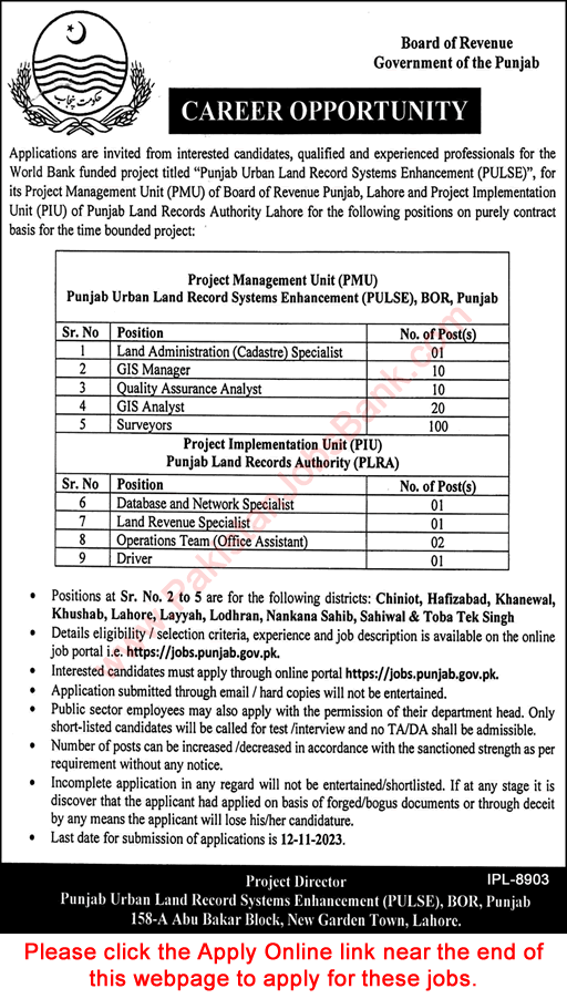 Board of Revenue Punjab Jobs October 2023 Surveyors & Others PMU PIU PLRA PULSE Latest