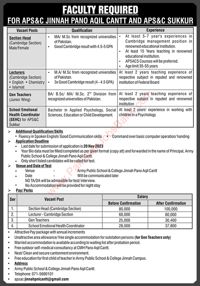 Army Public School and College Jinnah Pano Aqil Jobs November 2023 APS&C Teaching Faculty & Others Latest