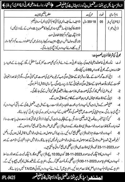 Data Entry Operator Jobs in Tehsil Headquarter Hospital Pattoki Kasur 2023 November THQ Latest