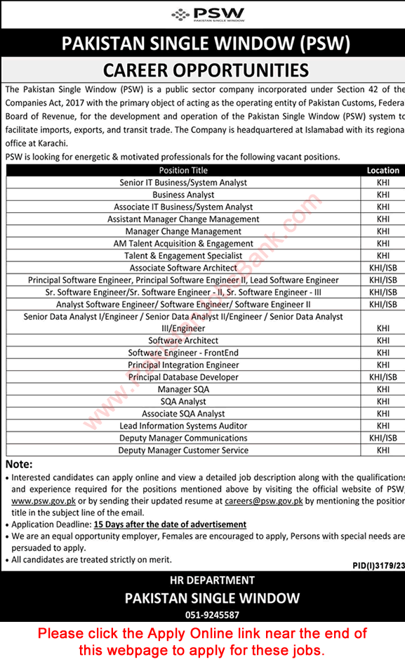 Pakistan Single Window Jobs November 2023 Apply Online PSW Software Engineers & Others Latest