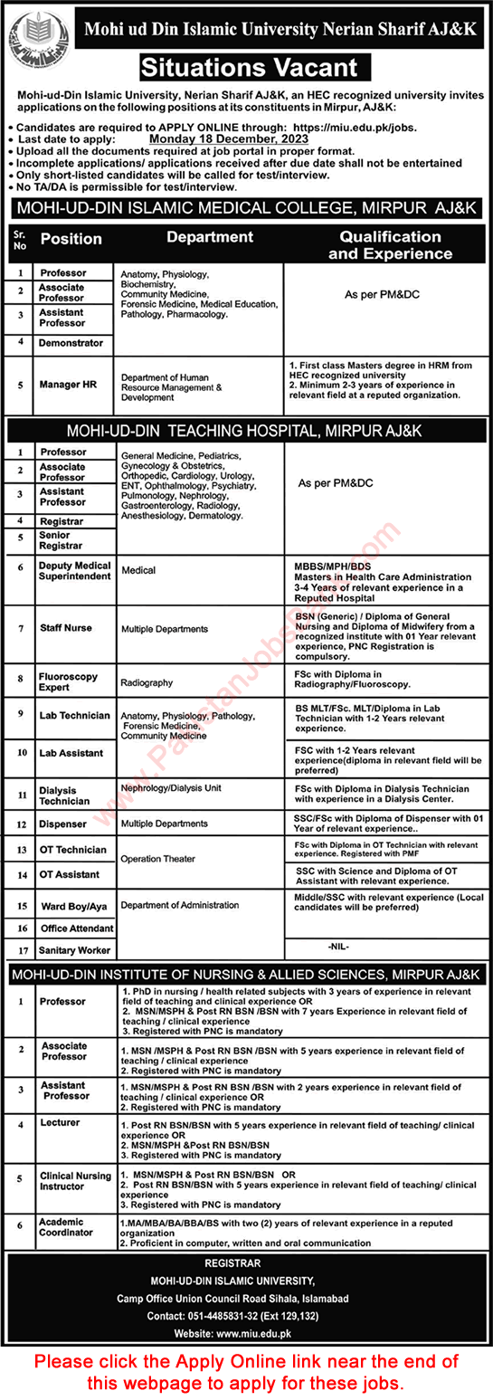 Mohi ud Din Islamic University Nerian Sharif AJK Jobs December 2023 Apply Online Teaching Faculty & Others Latest