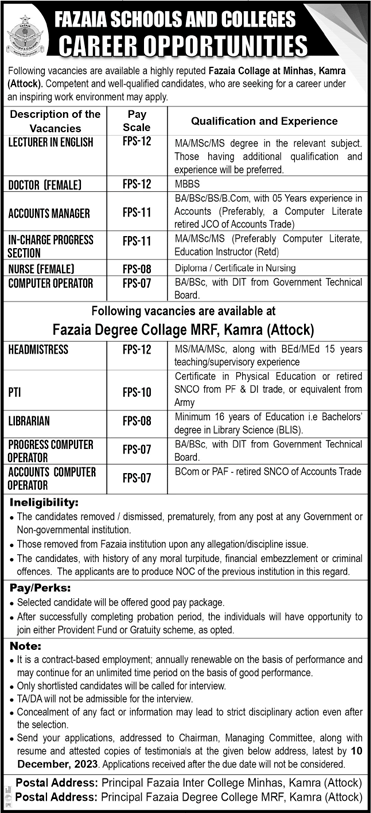 Fazaia Inter / Degree College Minhas Kamra Jobs December 2023 Computer Operators & Others Latest