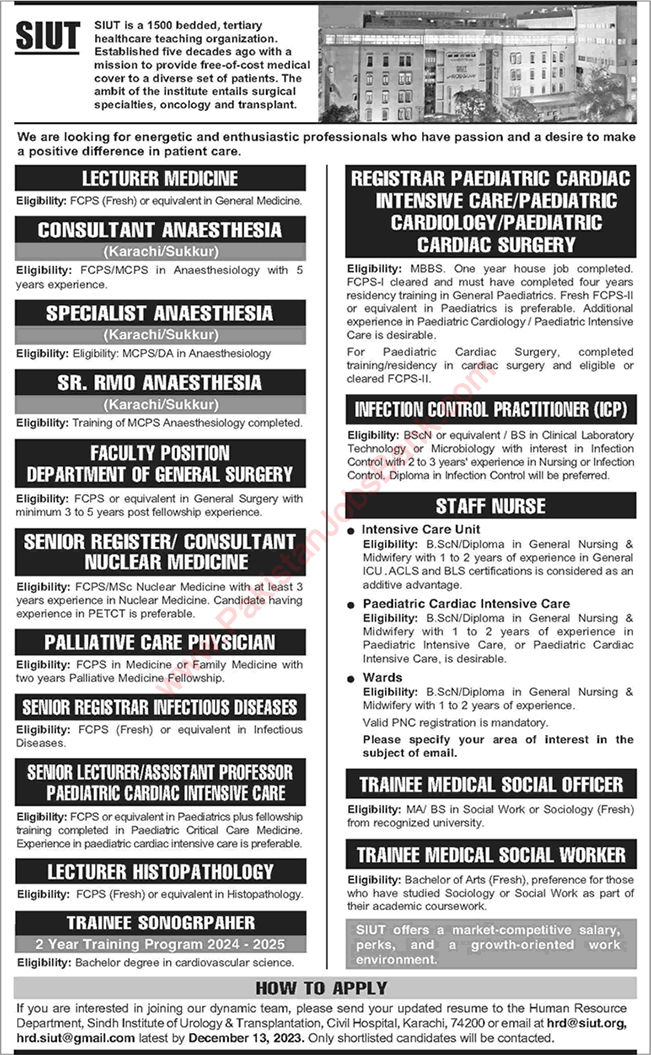 SIUT Hospital Karachi Jobs December 2023 Teaching Faculty & Others Latest