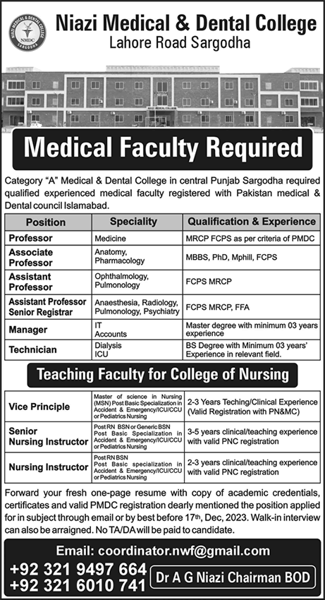 Niazi Medical and Dental College Sargodha Jobs December 2023 Teaching Faculty & Others Latest