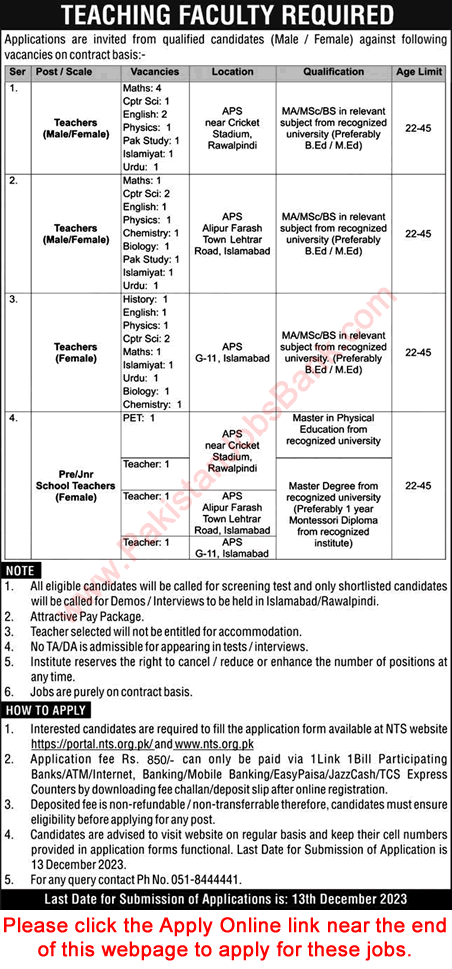 School Teacher Jobs in Army Public School Rawalpindi / Islamabad December 2023 APS NTS Apply Online Latest