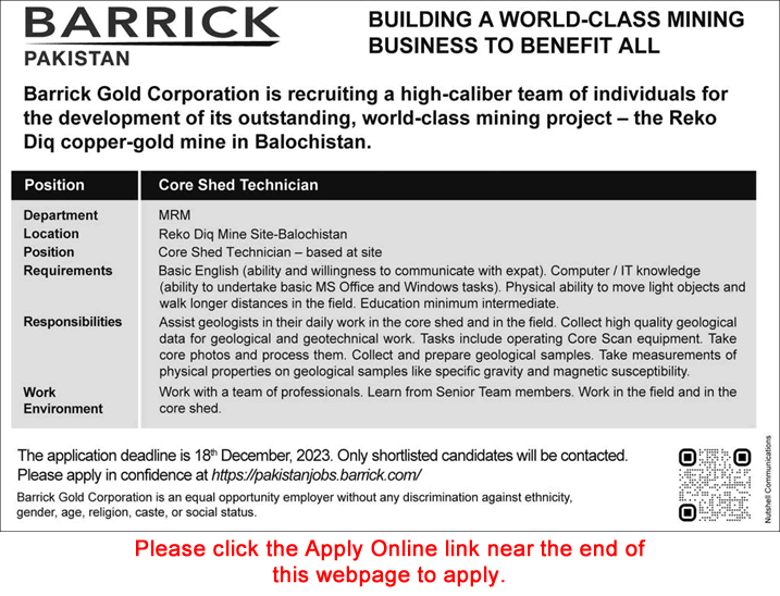 Core Shed Technician Jobs in Barrick Gold Corporation Balochistan December 2023 Apply Online Latest