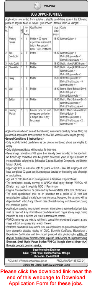 SHPS WAPDA Mangla Jobs December 2023 Application Form Small Hydel Power Station Latest