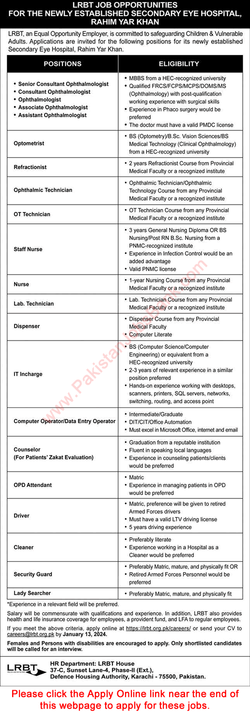 LRBT Secondary Eye Hospital Rahim Yar Khan Jobs 2023 December 2024 Online Apply Ophthalmologists & Others Latest